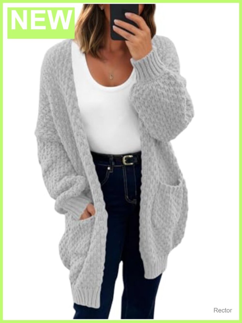 Oversized Open Front Waffle Knit Cardigan Lantern Sleeve Slouchy Loose Fit